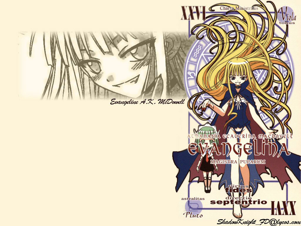 akamatsu ken, evangeline a.k. mcdowell, mahou sensei negima!, 00s, card, card (medium), character name, corset, long hair, multiple views, pactio, standing, vampire, very long hair
