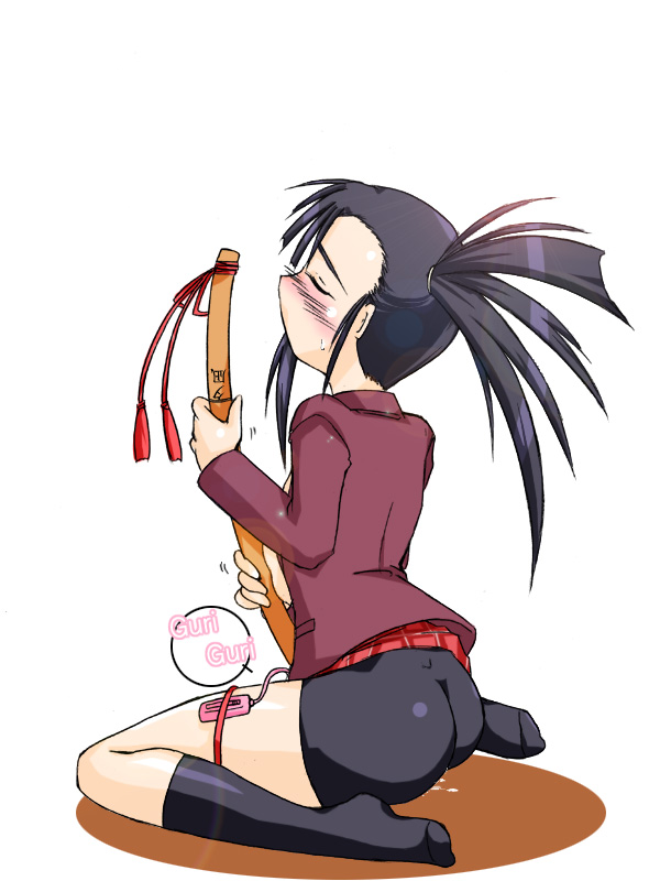 kamiya ogawa, sakurazaki setsuna, mahou sensei negima!, 00s, 1girl, ass, bike shorts, blush, closed eyes, crotch rub, female focus, female masturbation, katana, long sleeves, masturbation, ponytail, pussy juice, sex toy, side ponytail, simple background, sitting, skin tight, socks, solo, sword, vibrator, wariza, weapon, white background