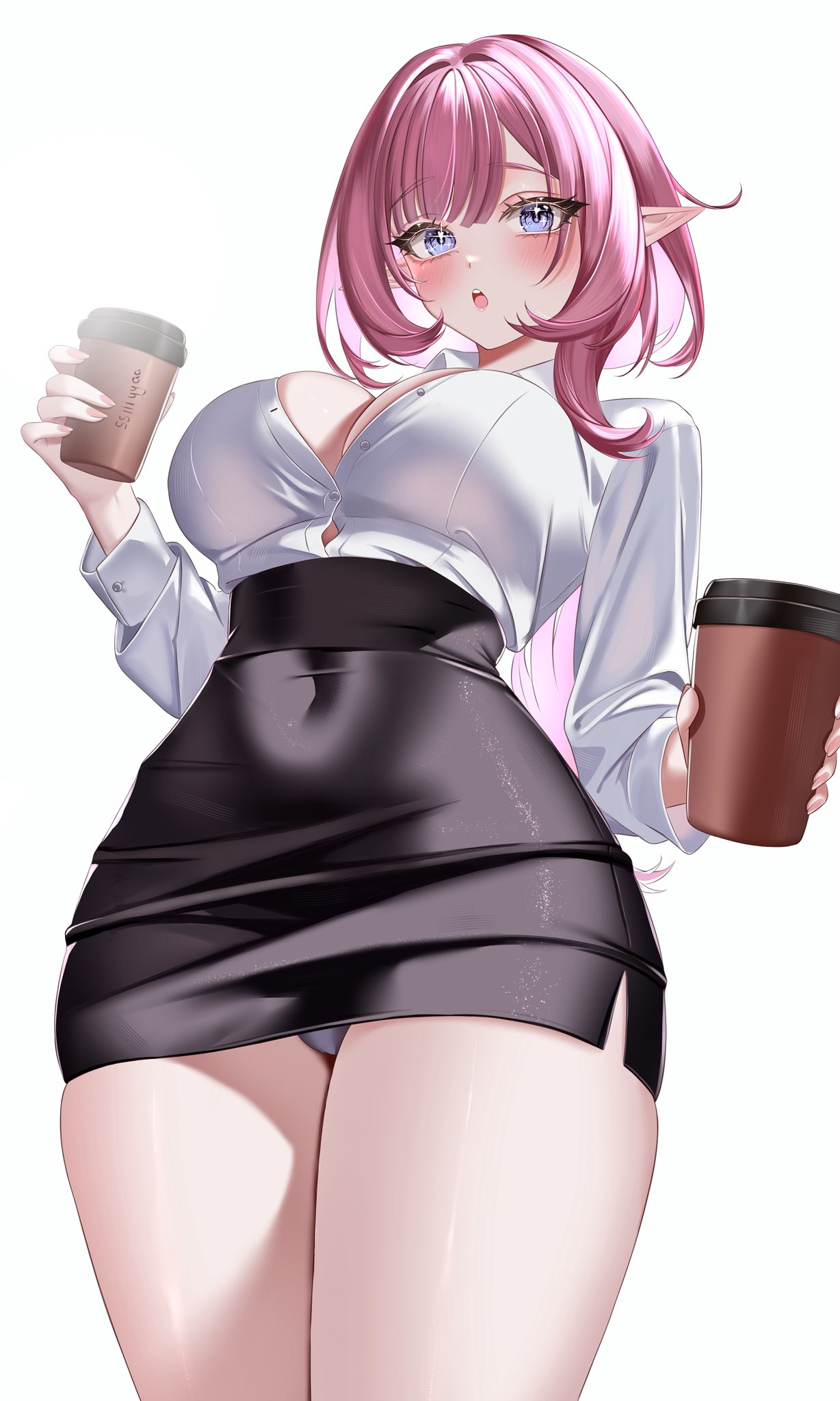 elysia (honkai impact), honkai (series), honkai impact 3rd, commentary, english commentary, highres, 1girl, alternate costume, black skirt, blue eyes, breasts, covered navel, cup, disposable coffee cup, disposable cup, elf, from below, large breasts, long hair, looking at viewer, office lady, open mouth, panties, pantyshot, pencil skirt, pink hair, pointy ears, shirt, simple background, skirt, solo, ssiiiyyaa, thighs, underwear, very long hair, white background, white panties, white shirt