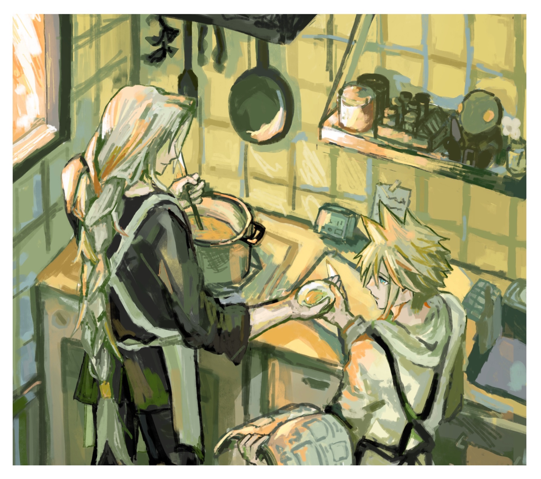 cloud strife, sephiroth, tonberry, final fantasy, final fantasy vii, commentary request, highres, 2boys, alternate costume, alternate hairstyle, apron, black pants, black shirt, blonde hair, blue eyes, book, braid, casual, character doll, cooking, cooking pot, counter, day, doll, drawer, facing away, food, from above, frying pan, grey hair, hands up, holding, holding book, holding spoon, hood, hood down, hoodie, indoors, kitchen, kitchen knife, knife, kv9g7, long hair, long sleeves, looking at another, male focus, multiple boys, no gloves, oven, pants, paper, parted lips, shelf, shirt, short hair, sink, sleeves rolled up, smile, soup, spatula, spiked hair, spoon, stove, tile wall, tiles, upper body, very long hair, white apron, white hoodie, window, yellow theme