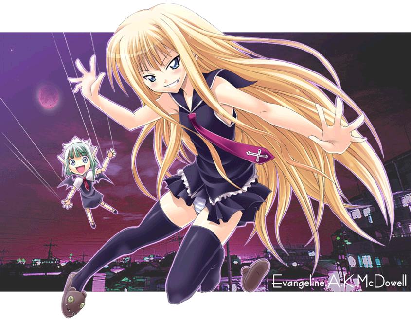 ayase shinomu, chachazero, evangeline a.k. mcdowell, mahou sensei negima!, duplicate, 00s, 2girls, black thighhighs, blonde hair, blue eyes, blue panties, character name, doll, goth fashion, letterboxed, long hair, multiple girls, outside border, panties, photo background, purple sky, single slipper, sky, slippers, striped clothes, striped panties, thighhighs, underwear, unworn slippers, vampire, very long hair, zettai ryouiki