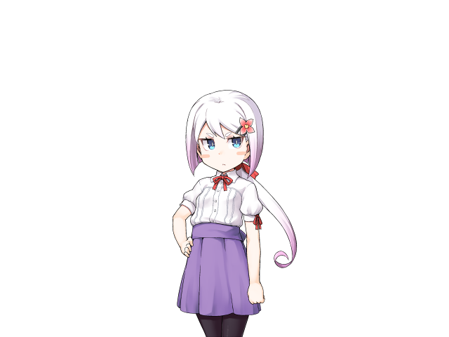 jingai modoki, vinum (succubus prison), mon-musu quest!, mon-musu quest: paradox, succubus prison, game cg, variant set, 1girl, arm at side, blue eyes, blush, breasts, closed mouth, collared shirt, expressionless, hair ornament, hair ribbon, hairclip, hand on own hip, nose, pantyhose, purple skirt, ribbon, shirt, short hair, skirt, small breasts, white hair, white shirt