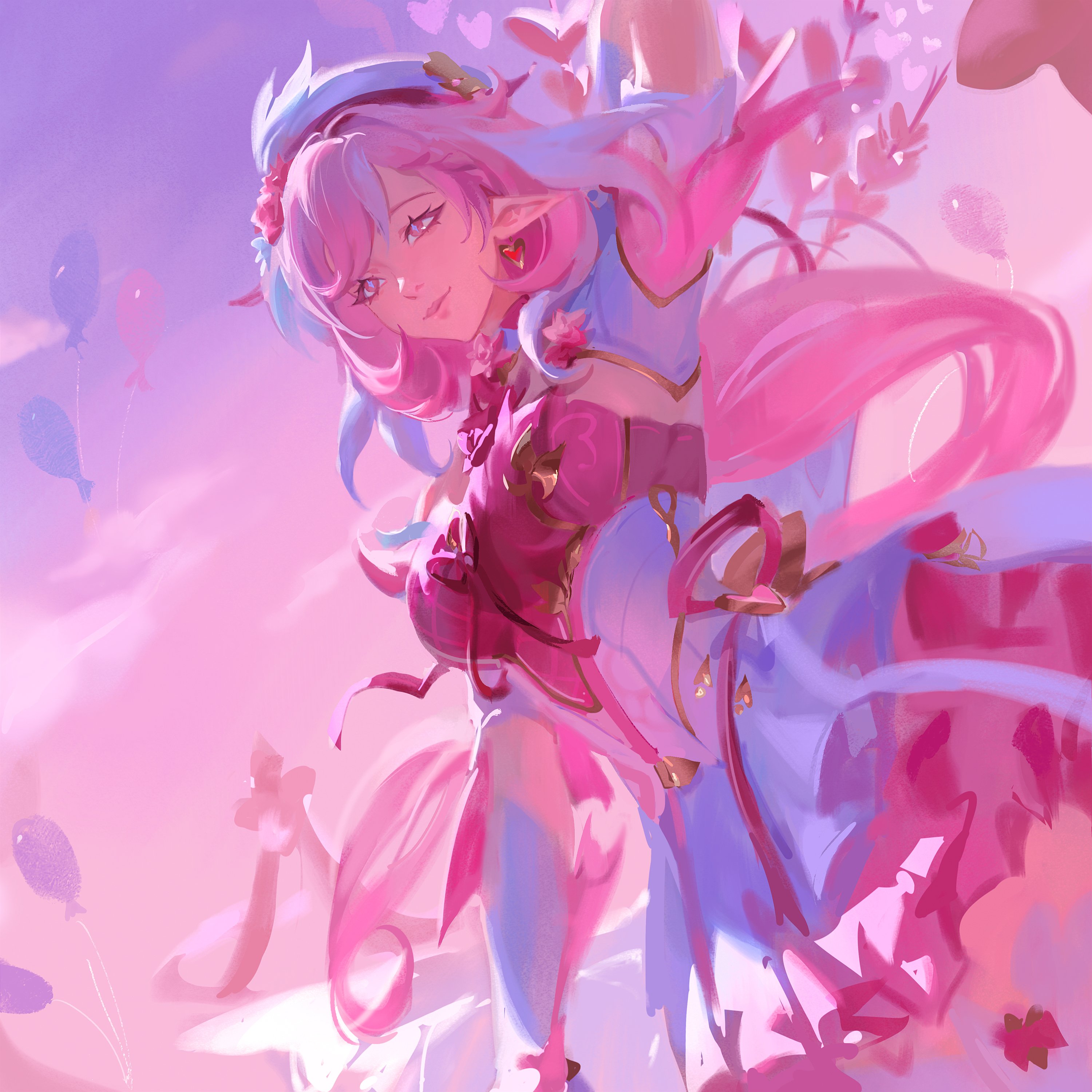 crmnlmlfhntr, elysia (honkai impact), honkai (series), honkai impact 3rd, absurdres, commentary, english commentary, highres, 1girl, arm up, balloon, dress, hat, long hair, pink dress, pink hair, pointy ears, solo, two-tone dress, very long hair, white dress, white hat