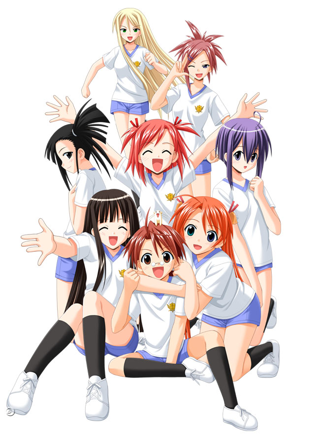asakura kazumi, kagurazaka asuna, konoe konoka, miyazaki nodoka, negi springfield, sakurazaki setsuna, sasaki makie, yukihiro ayaka, mahou sensei negima!, 00s, 1boy, 6+girls, arms around neck, black hair, blonde hair, brown hair, everyone, glasses, gym uniform, hug, hug from behind, long hair, multiple girls, orange hair, pince-nez, ponytail, side ponytail, spiked hair, very long hair