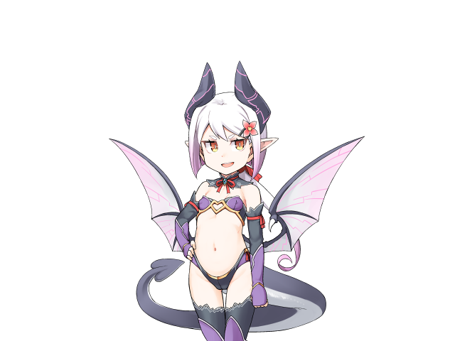 jingai modoki, vinum (succubus prison), mon-musu quest!, mon-musu quest: paradox, succubus prison, game cg, variant set, 1girl, bare shoulders, black sleeves, breasts, demon girl, demon horns, demon wings, detached sleeves, flower, gradient eyes, hair flower, hair ornament, hair ribbon, hairclip, horns, monster girl, multicolored eyes, navel, nose, orange eyes, pointy ears, red ribbon, ribbon, short hair, small breasts, smile, vinum (true form) (succubus prison), white hair, wings, yellow eyes