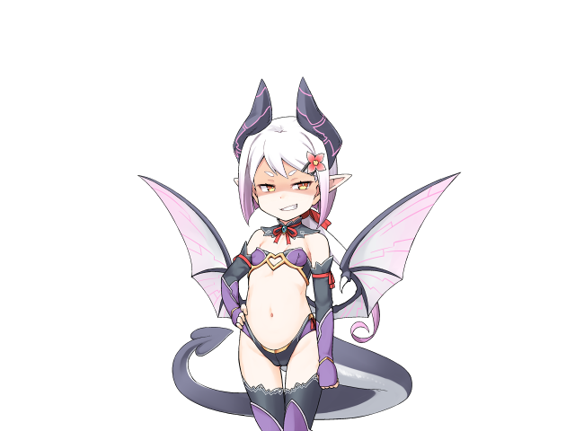 jingai modoki, vinum (succubus prison), mon-musu quest!, mon-musu quest: paradox, succubus prison, game cg, variant set, 1girl, bare shoulders, black sleeves, breasts, demon girl, demon horns, demon wings, detached sleeves, flower, gradient eyes, hair flower, hair ornament, hair ribbon, hairclip, horns, monster girl, multicolored eyes, navel, nose, orange eyes, partially shaded face, pointy ears, red ribbon, ribbon, short hair, small breasts, smug, vinum (true form) (succubus prison), white hair, wings, yellow eyes
