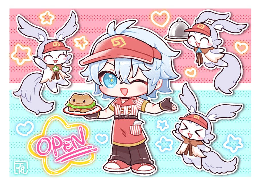jaku 711, phainon (honkai: star rail), honkai: star rail, honkai (series), 1boy, ;d, alternate costume, antenna hair, aqua eyes, black pants, chibi, creature, crossed bangs, english text, full body, grey hair, hair between eyes, hand up, holding, holding tray, male focus, one eye closed, open mouth, pants, red shoes, shirt, shoes, short hair, smile, solo, striped clothes, striped shirt, tray, yellow pupils