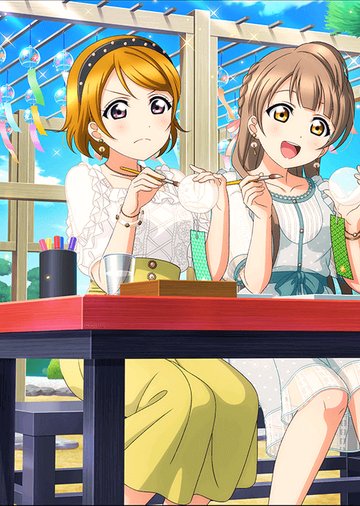 koizumi hanayo, minami kotori, love live!, love live! school idol festival, love live! school idol project, official art, 2girls, anime coloring, aqua dress, black hairband, blue sky, blunt bangs, blush, bow, bracelet, breasts, brown hair, calligraphy brush, chair, closed mouth, cloud, collarbone, cup, day, disposable cup, dot nose, dress, earrings, feet out of frame, frilled shirt, frills, garden, green skirt, hairband, hands up, head tilt, holding, holding calligraphy brush, holding paintbrush, holding wind chime, jewelry, lace shirt, long hair, long skirt, medium breasts, multiple bracelets, multiple girls, necklace, official alternate hairstyle, on chair, open mouth, outdoors, paintbrush, pen, pine tree, pink bow, pink nails, purple eyes, see-through clothes, see-through dress, shirt, short hair, short sleeves, sitting, skirt, sky, smile, sparkle, table, teeth, tree, upper teeth only, water, white shirt, wind chime, wooden table, yellow eyes