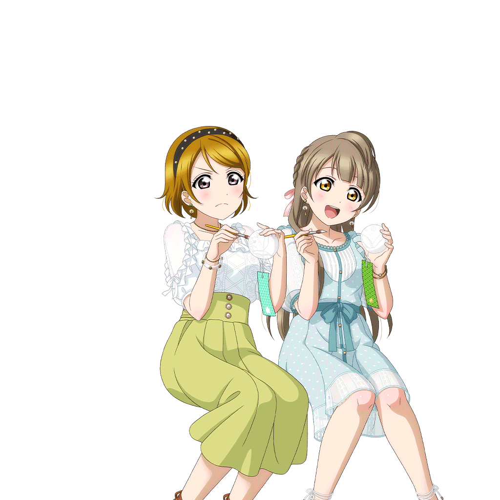koizumi hanayo, minami kotori, love live!, love live! school idol festival, love live! school idol project, official art, >:(, 2girls, :d, anime coloring, aqua dress, black hairband, blunt bangs, blush, bow, bracelet, breasts, brown hair, calligraphy brush, closed mouth, collarbone, dot nose, dress, earrings, feet out of frame, frilled shirt, frills, green skirt, hairband, hands up, head tilt, holding, holding calligraphy brush, holding paintbrush, holding wind chime, invisible chair, jewelry, lace shirt, long hair, long skirt, looking at object, looking down, medium breasts, multiple bracelets, multiple girls, necklace, official alternate hairstyle, open mouth, paintbrush, pink bow, pink nails, purple eyes, see-through clothes, see-through dress, serious, shirt, short hair, short sleeves, sitting, skirt, smile, teeth, transparent background, upper teeth only, v-shaped eyebrows, white shirt, wind chime, yellow eyes