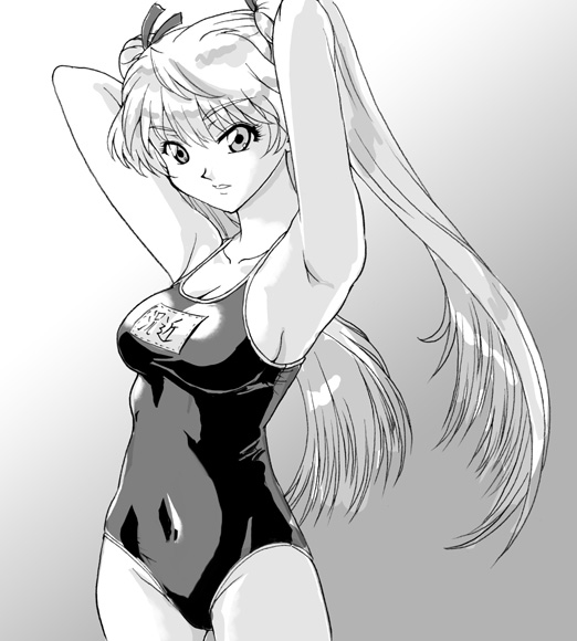sawachika eri, school rumble, 00s, 1girl, armpits, arms up, breasts, covered navel, female focus, greyscale, medium breasts, monochrome, name tag, one-piece swimsuit, school swimsuit, sideboob, solo, swimsuit, twintails