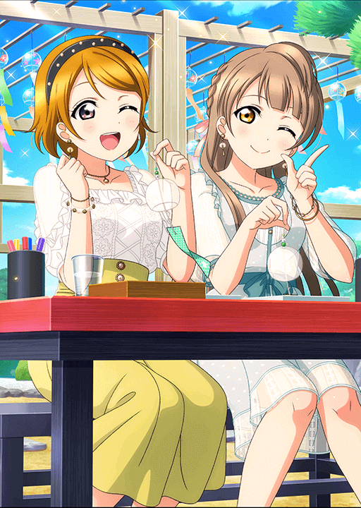 koizumi hanayo, minami kotori, love live!, love live! school idol festival, love live! school idol project, official art, 2girls, ;), ;d, anime coloring, aqua dress, black hairband, blue sky, blunt bangs, blush, bow, bracelet, breasts, brown hair, chair, clenched hand, closed mouth, cloud, collarbone, cup, day, disposable cup, dot nose, dress, earrings, eye contact, feet out of frame, finger gun, frilled shirt, frills, garden, green skirt, hairband, hands up, head tilt, holding wind chime, jewelry, lace shirt, long hair, long skirt, looking at another, looking to the side, medium breasts, multiple bracelets, multiple girls, necklace, official alternate hairstyle, on chair, one eye closed, open mouth, outdoors, pen, pink bow, pink nails, pointing, pointing up, purple eyes, see-through clothes, see-through dress, shirt, short hair, short sleeves, sitting, skirt, sky, smile, sparkle, table, teeth, upper teeth only, water, white shirt, wind chime, wooden table, yellow eyes