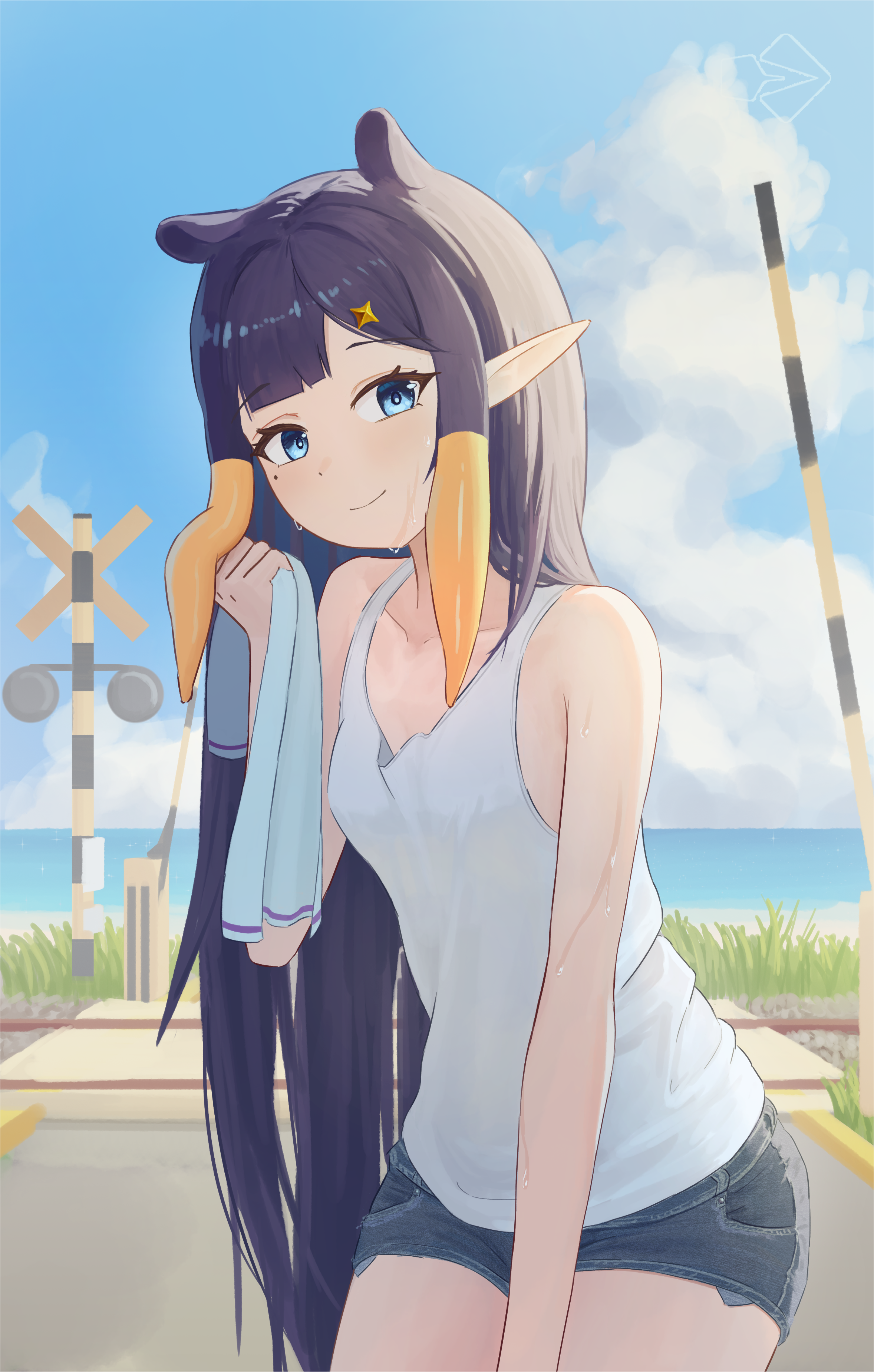 ika–1024, ninomae ina'nis, hololive, hololive english, absurdres, highres, 1girl, blue eyes, blue sky, closed mouth, cloud, cumulonimbus cloud, grey shorts, holding, holding towel, long hair, looking at viewer, multicolored hair, orange hair, pointy ears, purple hair, railroad crossing, railroad tracks, short shorts, shorts, sky, smile, solo, sweat, tank top, tentacle hair, towel, two-tone hair, virtual youtuber, white tank top