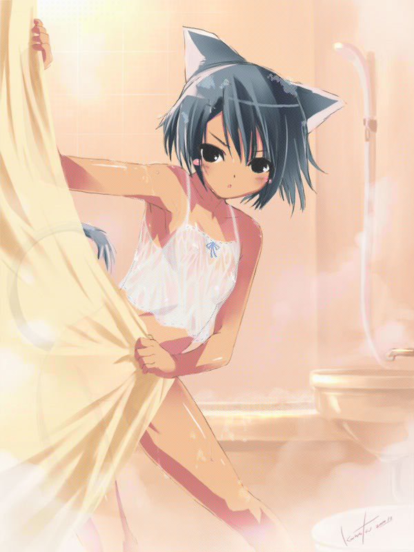 kawata hisashi, original, open in internet explorer, 1girl, :o, animal ears, bare shoulders, bath, bottomless, bubble, camisole, cat ears, cat tail, female focus, flat chest, hair ornament, lingerie, loli, looking at viewer, negligee, open mouth, see-through clothes, shirt, showering, signature, solo, steam, tail, underwear, wet, wet clothes, wet shirt