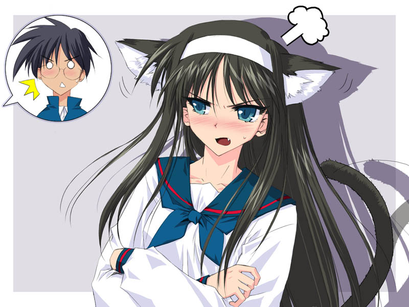 pin.x, tohno akiha, tohno shiki, tsukihime, step-brother and step-sister, 00s, 1boy, 1girl, :<, animal ears, black hair, blue eyes, blue hair, brother and sister, brother and step-sister, cat ears, cat tail, fang, glasses, hairband, o o, shadow, siblings, simple background, step-siblings, sweatdrop, tail, triangle mouth