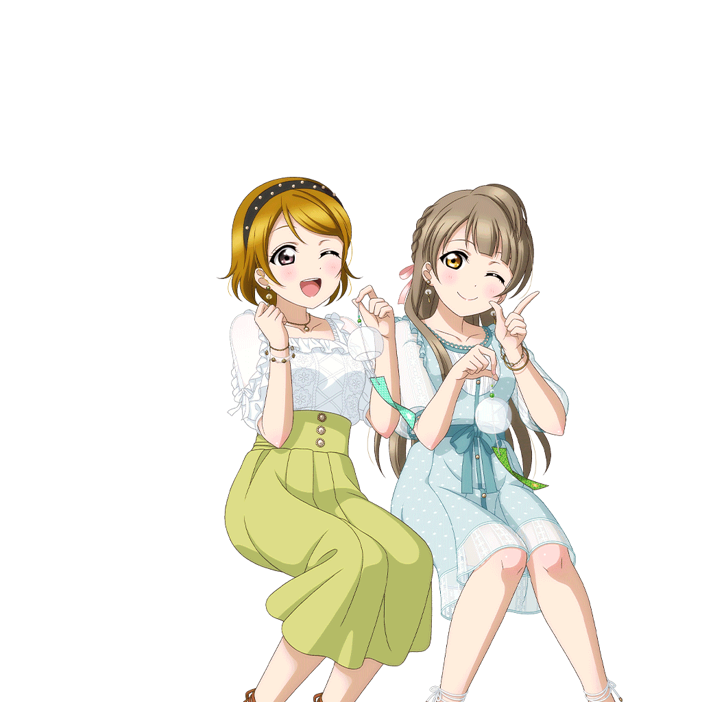 koizumi hanayo, minami kotori, love live!, love live! school idol festival, love live! school idol project, official art, 2girls, ;), ;d, anime coloring, aqua dress, black hairband, blunt bangs, blush, bow, bracelet, breasts, brown hair, clenched hand, closed mouth, collarbone, dot nose, dress, earrings, eye contact, feet out of frame, finger gun, frilled shirt, frills, green skirt, hairband, hands up, head tilt, holding wind chime, invisible chair, jewelry, lace shirt, long hair, long skirt, looking at another, looking to the side, medium breasts, multiple bracelets, multiple girls, necklace, official alternate hairstyle, one eye closed, open mouth, pink bow, pink nails, pointing, pointing up, purple eyes, see-through clothes, see-through dress, shirt, short hair, short sleeves, sitting, skirt, smile, teeth, transparent background, upper teeth only, white shirt, wind chime, yellow eyes