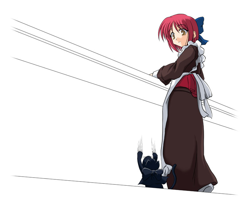 kohaku (tsukihime), len (cat) (tsukihime), len (tsukihime), tsukihime, 00s, 1girl, apron, black cat, bow, brown eyes, cat, female focus, hair bow, looking at another, maid, maid apron, red hair, solo