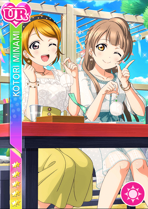koizumi hanayo, minami kotori, love live!, love live! school idol festival, love live! school idol project, official art, 2girls, ;), ;d, anime coloring, aqua dress, black hairband, blue sky, blunt bangs, blush, bow, bracelet, breasts, brown hair, card (medium), chair, character name, clenched hand, closed mouth, cloud, collarbone, cup, day, disposable cup, dot nose, dress, earrings, eye contact, feet out of frame, finger gun, frilled shirt, frills, garden, green skirt, hairband, hands up, head tilt, holding wind chime, jewelry, lace shirt, long hair, long skirt, looking at another, looking to the side, medium breasts, multiple bracelets, multiple girls, necklace, official alternate hairstyle, on chair, one eye closed, open mouth, outdoors, pen, pink bow, pink nails, pointing, pointing up, purple eyes, see-through clothes, see-through dress, shirt, short hair, short sleeves, sitting, skirt, sky, smile, sparkle, sun, table, teeth, upper teeth only, water, white shirt, wind chime, wooden table, yellow eyes
