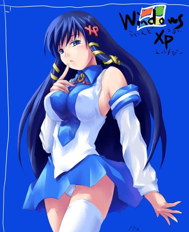 inayuu (widematrix), xp-tan, os-tan, artist request, duplicate, jpeg artifacts, 1girl, blue background, blue eyes, blue hair, blue skirt, breasts, detached sleeves, female focus, finger to mouth, hair ornament, hair ribbon, hairclip, large breasts, long hair, looking at viewer, matching hair/eyes, miniskirt, open mouth, panties, ribbon, shirt, simple background, skirt, sleeveless, sleeveless shirt, solo, thighhighs, tress ribbon, underwear, upskirt, very long hair, white panties, white thighhighs, zettai ryouiki