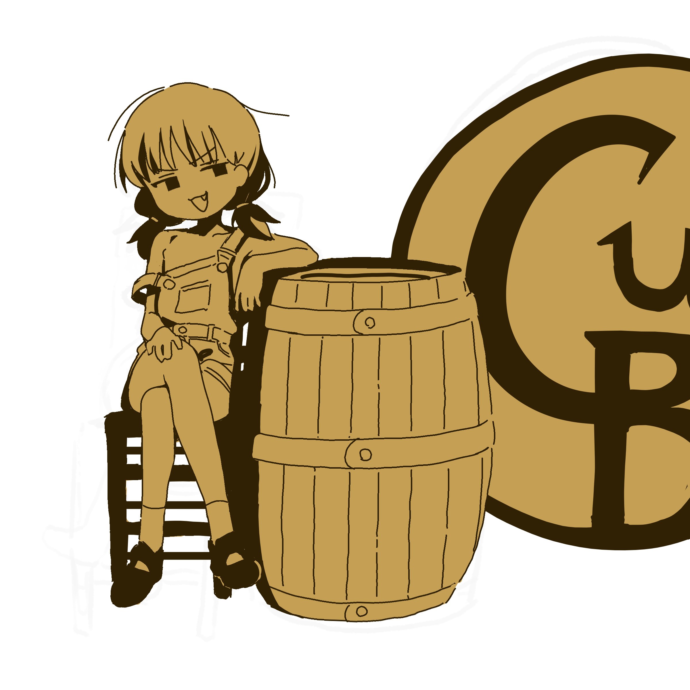 orenjipiiru, original, absurdres, commentary, highres, 1girl, :d, barrel, chair, collarbone, cracker barrel, crossed legs, denim, denim shorts, fang, full body, logo, logo parody, low twintails, mary janes, mesugaki, monochrome, no shirt, off shoulder, open mouth, overalls, shoes, short hair, short twintails, shorts, simple background, sitting, smile, socks, solo, suspenders, twintails, white background