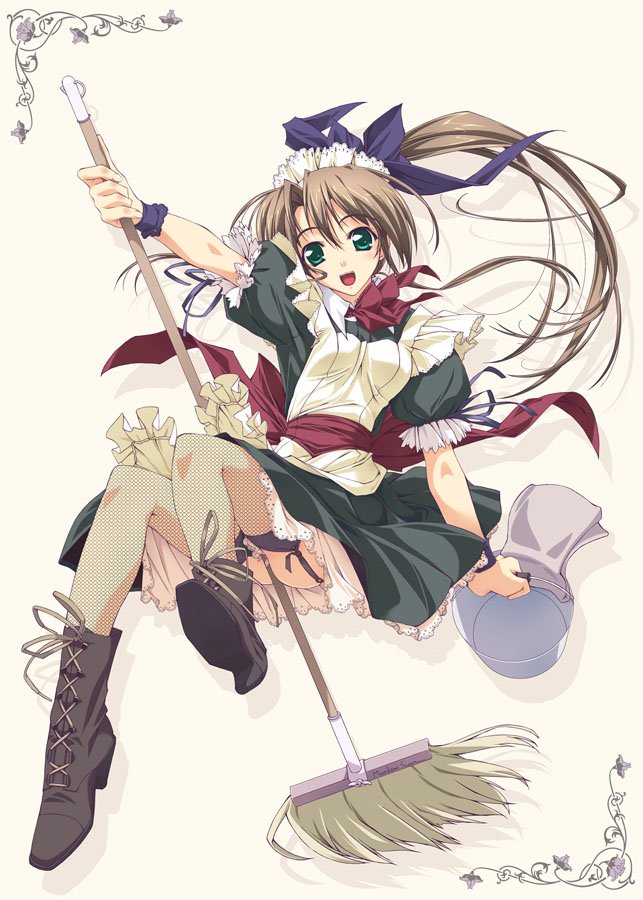 murakami suigun, original, 1girl, :d, apron, boots, broom, brown hair, bucket, female focus, fishnet thighhighs, fishnets, green eyes, long hair, looking at viewer, maid, maid apron, maid headdress, mop, open mouth, ribbon, smile, solo, thighhighs, wrist cuffs, wristband