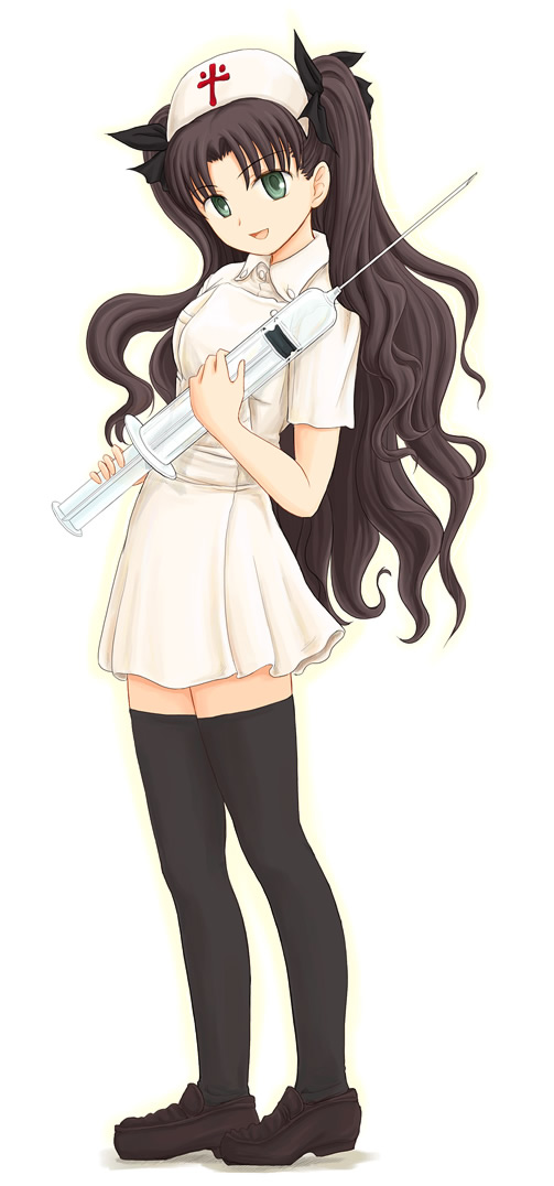 ryp, tohsaka rin, fate/stay night, fate (series), long image, tall image, 00s, 1girl, black shoes, black thighhighs, female focus, hat, large syringe, legs, long hair, nurse, oversized object, shoes, solo, syringe, thighhighs, twintails, two side up, very long hair, white hat, zettai ryouiki