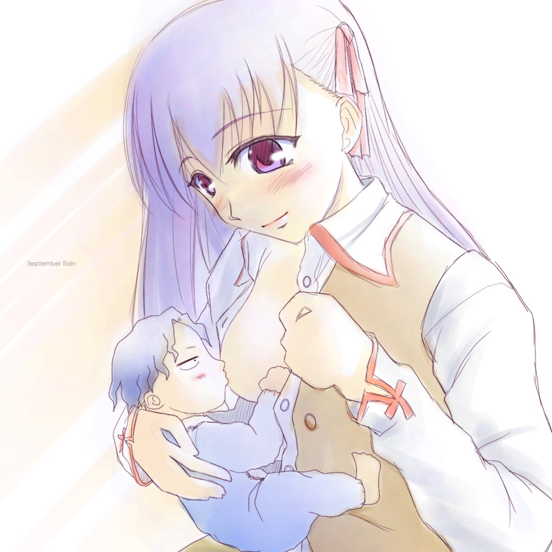 matou sakura, matou shinji, fate/stay night, fate (series), 00s, 1boy, 1girl, age difference, blouse, blush, breast slip, breast sucking, breastfeeding, breasts, hetero, homurabara academy school uniform, if they mated, mother and son, one breast out, school uniform, serafuku, shirt, short hair, wavy hair, white shirt