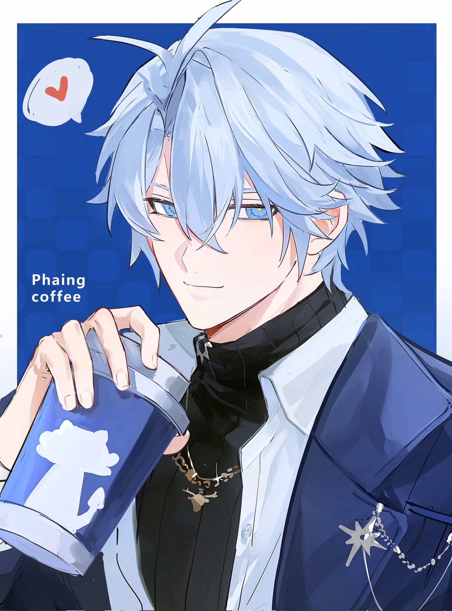hmayme4238, phainon (honkai: star rail), honkai: star rail, honkai (series), highres, 1boy, antenna hair, black sweater, blue background, blue eyes, border, closed mouth, coat, cup, grey hair, hair between eyes, half-closed eyes, hand up, heart, holding, holding cup, looking at viewer, male focus, official alternate costume, open clothes, open coat, open shirt, parted bangs, phainon (luckin coffee) (honkai: star rail), purple coat, shirt, short hair, smile, solo, spoken heart, sweater, turtleneck, turtleneck sweater, upper body, white border, white shirt, yellow pupils