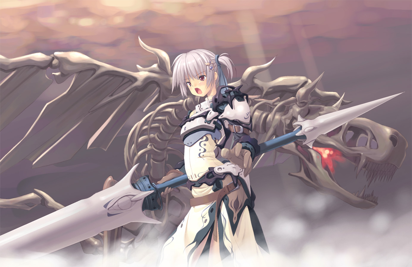 poco (asahi age), original, silver hair, 1girl, armor, armored dress, belt, dragon, dress, female focus, fire, gloves, hair ornament, lance, open mouth, polearm, red eyes, short hair, side ponytail, solo, weapon