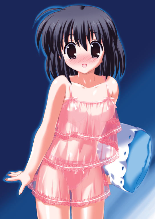 nal, nal (studio ng), studio ng, yuzuhara konomi, original, to heart (series), to heart 2, 00s, 1girl, ahoge, bare shoulders, black eyes, black hair, blush, breasts, chemise, covered erect nipples, female focus, lingerie, looking at viewer, navel, nipples, no bra, open mouth, panties, pillow, pink panties, see-through clothes, short hair, small breasts, solo, underwear