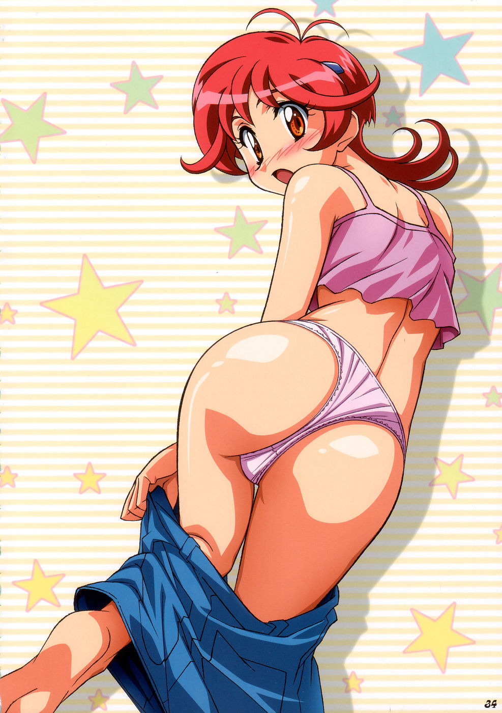 hirata katsuzou, aoi anna, shinkon gattai godannar!!, highres, 00s, 1girl, ass, back, barefoot, blush, camisole, female focus, from behind, leaning forward, looking back, orange eyes, panties, purple panties, red hair, skirt, solo, star (symbol), thong, underwear, undressing