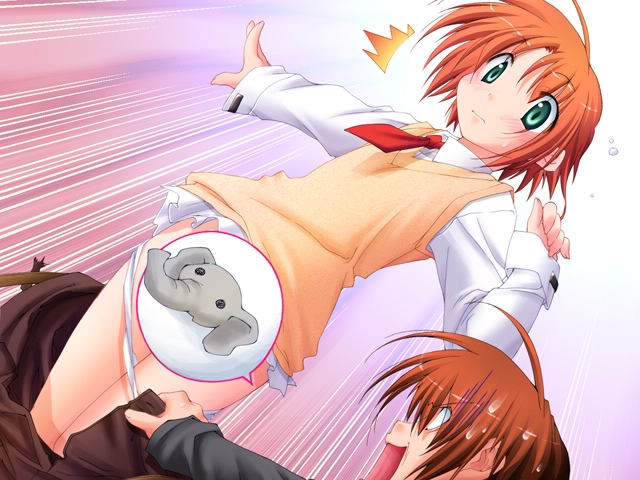 sakuraba tomoe, angel maid, game cg, jpeg artifacts, 1boy, 1girl, ^^^, ahoge, blouse, censored, clothes pull, collared shirt, elephant, novelty censor, panties, panty pull, shirt, simple background, skirt, skirt pull, speech bubble, surprised, trap, underwear, white panties, white shirt, zousan
