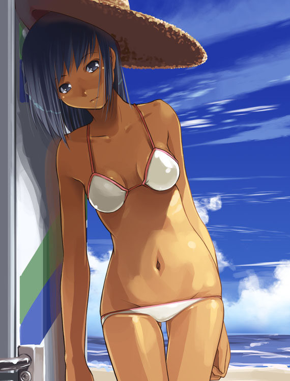 asaki takayuki, original, 1girl, against wall, bare shoulders, beach, bikini, black eyes, black hair, cloud, collarbone, day, female focus, hat, looking at viewer, lowleg, lowleg bikini, lowleg panties, navel, ocean, outdoors, panties, skindentation, sky, solo, straw hat, string bikini, swimsuit, tan, underwear, water, white bikini