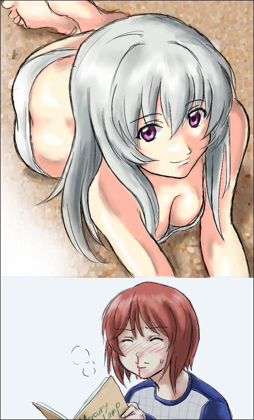 souseiseki, suigintou, rozen maiden, 00s, 1boy, 1girl, bikini, blood, blush, breasts, cleavage, heterochromia, large breasts, nosebleed, swimsuit, white bikini