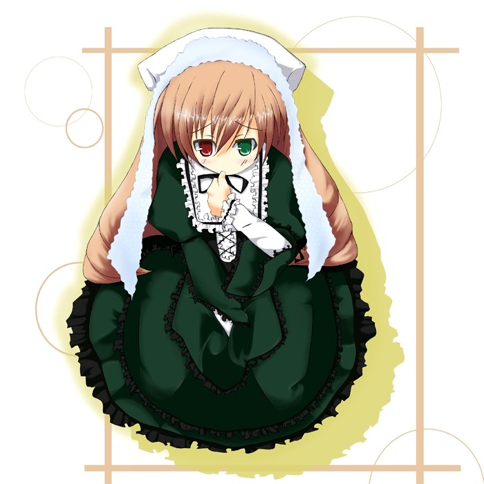 hato haru, suiseiseki, rozen maiden, 00s, 1girl, ascot, bonnet, brown eyes, brown hair, curly hair, dress, female focus, frills, green dress, green eyes, headscarf, heterochromia, kneeling, long hair, no nose, shy, solo, white headscarf