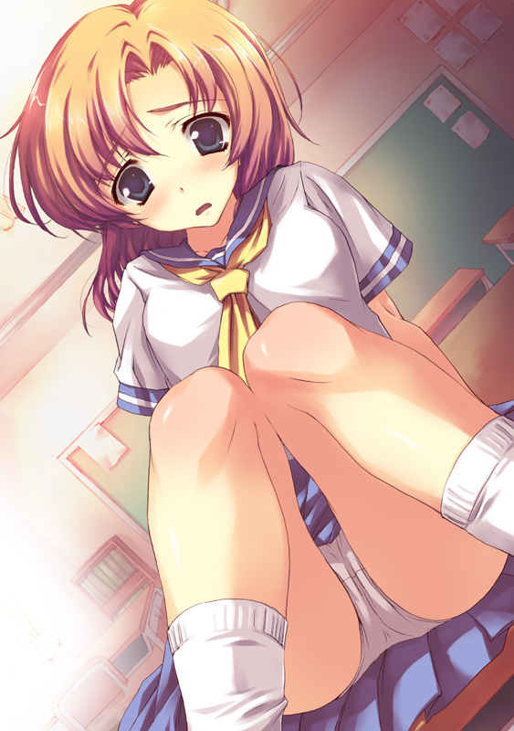 tomose shunsaku, ryuuguu rena, higurashi no naku koro ni, 00s, 1girl, arm support, bare legs, blue eyes, blue sailor collar, blue skirt, blush, breasts, brown hair, chalkboard, classroom, d:, female focus, forehead, indoors, legs, looking at viewer, medium hair, miniskirt, neckerchief, on table, open mouth, panties, pantyshot, parted lips, pleated skirt, pov, sailor collar, school, school uniform, serafuku, short sleeves, sitting, skirt, socks, solo, sunlight, table, underwear, upskirt, white panties, white socks, worried, yellow neckerchief