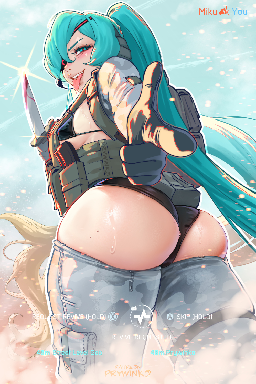 prywinko, hatsune miku, battlefield (series), vocaloid, commentary, english commentary, highres, 1girl, :p, aqua eyes, aqua hair, ass, backpack, bag, battlefield, battlefield 6, black panties, blood, bloody knife, camouflage, camouflage pants, combat knife, earphones, english text, eyepatch, finger gun, foreshortening, gameplay mechanics, grin, heads-up display, holding, holding knife, holding weapon, knife, long hair, long sleeves, military combat uniform, military uniform, panties, pants, pointing, pointing at viewer, smile, solo, tight clothes, tight pants, tongue, tongue out, twintails, underwear, user interface, very long hair, weapon