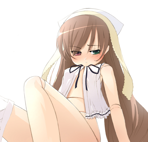 suiseiseki, rozen maiden, 00s, 1girl, arm support, bare arms, bare shoulders, blush, brown hair, doll joints, embarrassed, female focus, flat chest, green eyes, headscarf, heterochromia, joints, leaning back, long hair, looking at viewer, neck ribbon, red eyes, ribbon, simple background, skirt, skirt around one leg, sleeveless, solo, very long hair, white background, white headscarf
