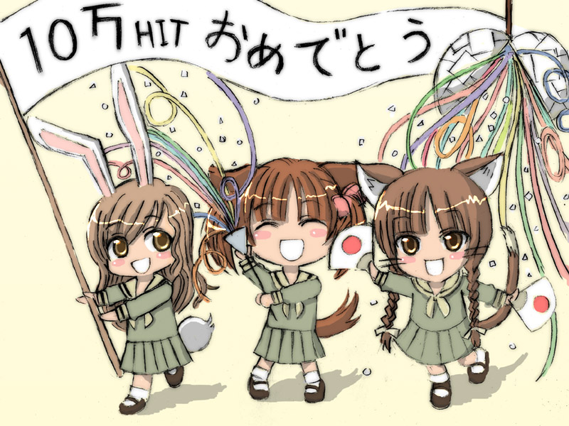 fukuzawa yumi, shimazu yoshino, toudou shimako, maria-sama ga miteru, 00s, animal ears, cat ears, cat tail, dog ears, milestone celebration, pleated skirt, rabbit ears, rabbit tail, school uniform, serafuku, skirt, tail
