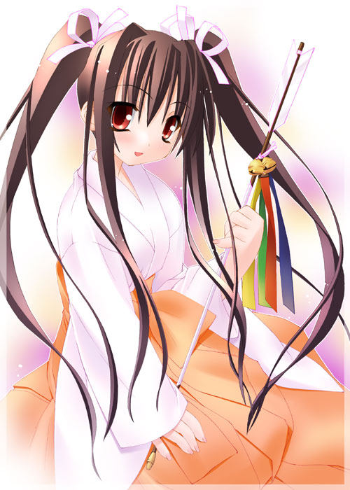 kannagi rei, original, 1girl, archery, arrow (projectile), bell, black hair, female focus, hair ribbon, hakama, hakama skirt, hamaya, japanese clothes, kyuudou, long hair, miko, red eyes, ribbon, skirt, solo, twintails
