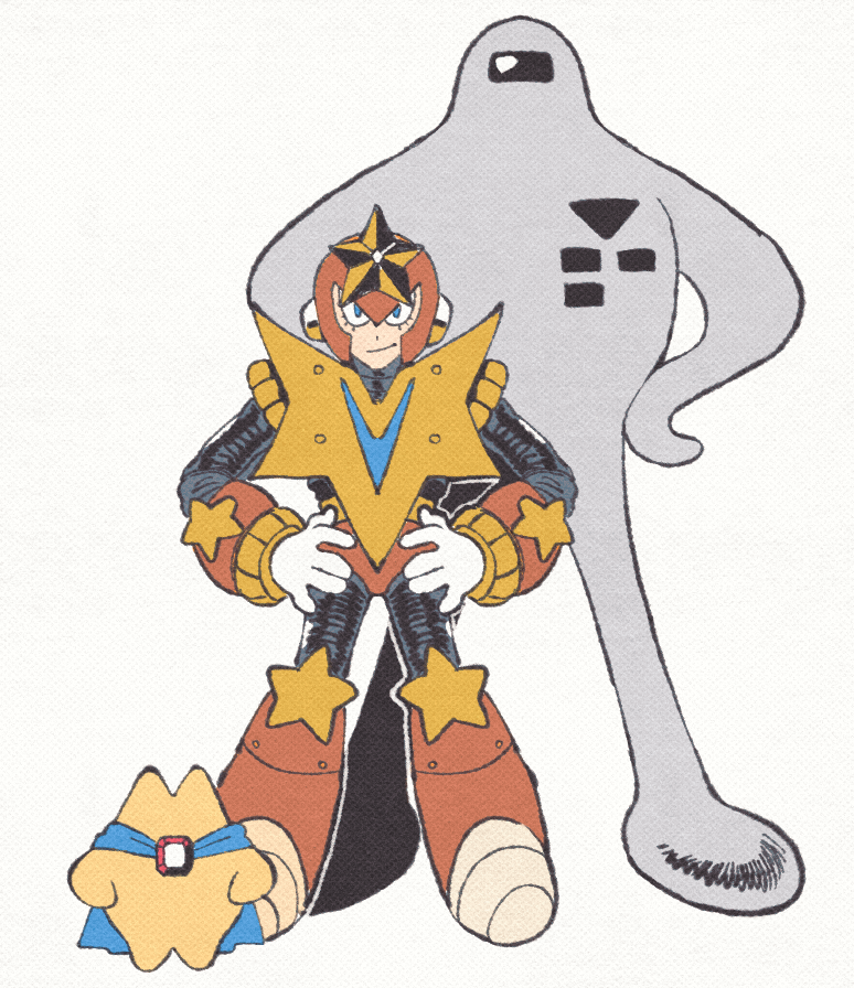 inkuusan, star man (mega man), starman (kirby), starman (mother), capcom, kirby (series), mega man (series), mother (series), nintendo, 3boys, alien, armor, blue cape, blue eyes, boots, cape, eyelashes, faceless, hand on own hip, helmet, looking at viewer, multiple boys, smile, standing, star (symbol), white background