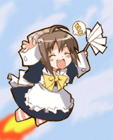 waha, yamato suzuran, suigetsu, animated, animated gif, lowres, 1girl, chibi, chibi only, duster, female focus, fire, flying, maid, solo, speech bubble, striped clothes, striped thighhighs, thighhighs, waha~ (meme)