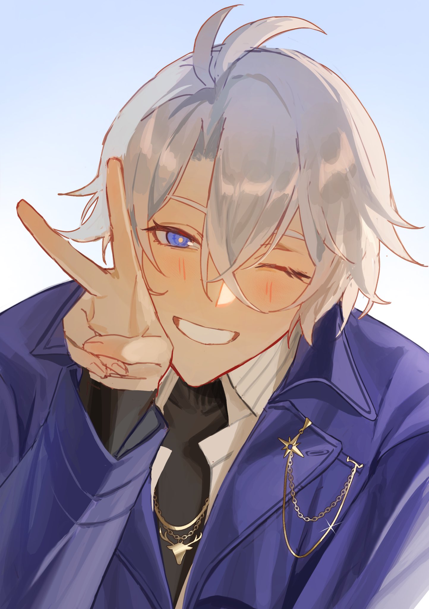 phainon (honkai: star rail), honkai: star rail, honkai (series), highres, 1boy, antenna hair, black sweater, blue eyes, coat, grey hair, grin, hair between eyes, hand up, khakha240478476, light blush, looking at viewer, male focus, official alternate costume, open clothes, open coat, open shirt, parted bangs, phainon (luckin coffee) (honkai: star rail), purple coat, shirt, short hair, smile, sweater, teeth, turtleneck, turtleneck sweater, upper body, v, white shirt, yellow pupils