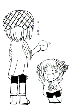 musu, waha, yamato suzuran, suigetsu, animated, animated gif, lowres, 2girls, bread, chibi, chibi only, food, greyscale, jumping, monochrome, multiple girls, plaid clothes, split mouth, waha~ (meme)