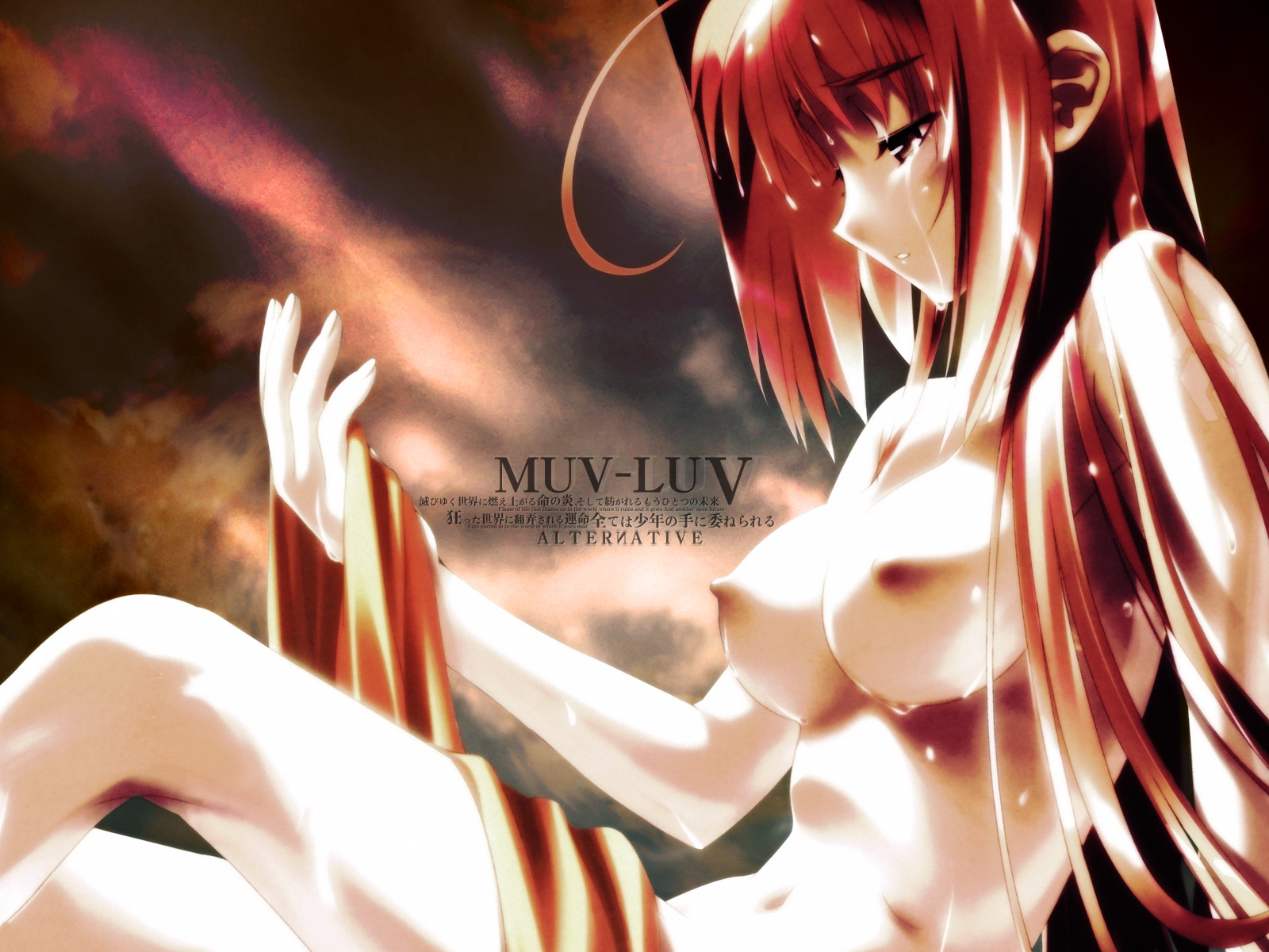 bou (inubou), kagami sumika, muv-luv, muv-luv alternative, highres, 1girl, ahoge, breasts, completely nude, female focus, large breasts, long hair, nipples, nude, red hair, sitting, solo, tears, towel, very long hair, wet