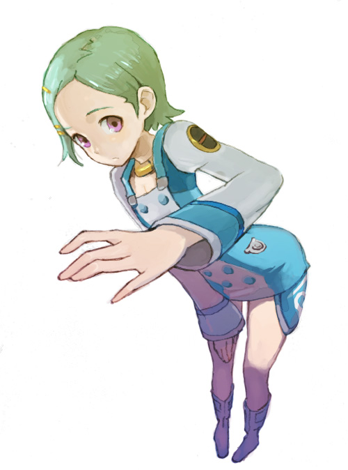 gunpom, eureka (eureka seven), eureka seven, eureka seven (series), 00s, 1girl, bent over, boots, female focus, foreshortening, full body, green hair, hair ornament, hairclip, looking at viewer, purple eyes, short hair, simple background, solo, standing, white background