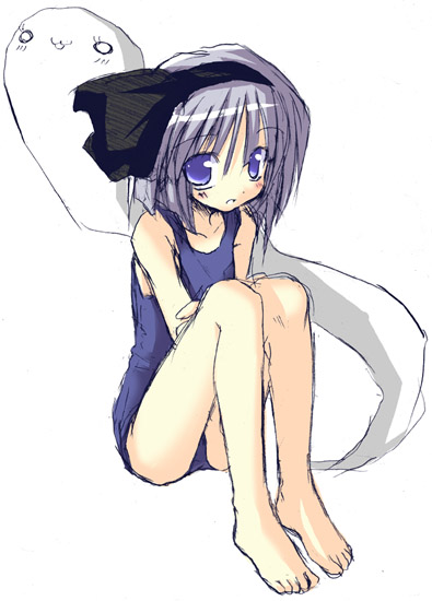 satou kibi, konpaku youmu, konpaku youmu (ghost), touhou, silver hair, 1girl, :3, barefoot, blue eyes, blue one-piece swimsuit, blush, bow, crossed arms, feet, female focus, flat chest, hair between eyes, hair bow, hairband, hitodama, legs, looking at viewer, o o, one-piece swimsuit, parted lips, school swimsuit, short hair, simple background, sitting, sketch, solo, swimsuit, white background