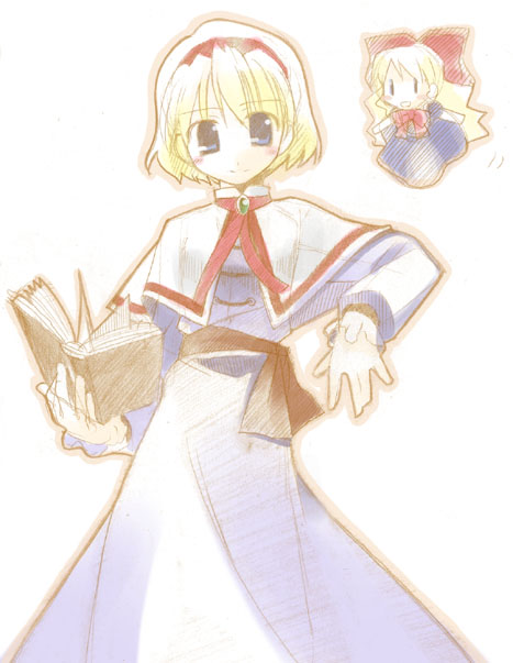arata toshihira, alice margatroid, shanghai doll, touhou, 1girl, :d, blonde hair, blue dress, blue eyes, blush, blush stickers, book, bow, bowtie, capelet, doll, dress, female focus, grimoire, grimoire of alice, hair bow, hairband, long hair, long sleeves, looking at viewer, open book, open mouth, sash, short hair, simple background, smile, solo, standing, straight hair, white background, | |