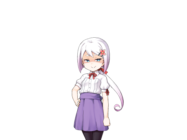 jingai modoki, vinum (succubus prison), mon-musu quest!, mon-musu quest: paradox, succubus prison, game cg, variant set, 1girl, arm at side, blue eyes, breasts, closed mouth, collared shirt, hair ornament, hair ribbon, hairclip, half-closed eyes, hand on own hip, nose, pantyhose, partially shaded face, purple skirt, ribbon, shirt, short hair, skirt, small breasts, smile, smug, white hair, white shirt