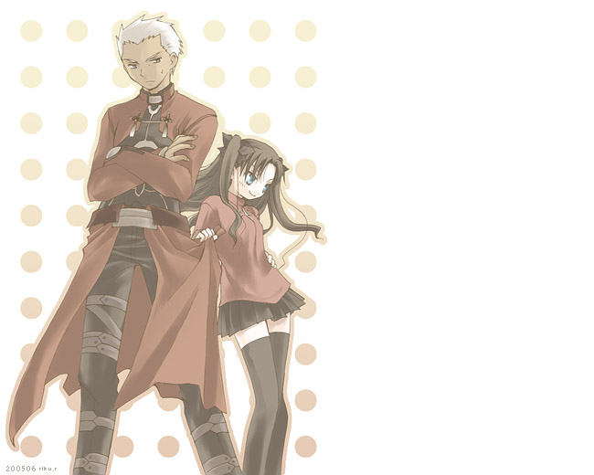 riku r, rikux, archer (fate), tohsaka rin, fate/stay night, fate (series), tall, 00s, 1boy, 1girl, black hair, bow, crossed arms, dark-skinned male, dark skin, hair bow, hand on own hip, height difference, narrowed eyes, size difference, thighhighs, turtleneck, two side up, white hair