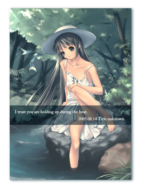 original, 1girl, bare legs, bare shoulders, barefoot, collarbone, dated, dress, english text, female focus, forest, green eyes, green hair, hat, matching hair/eyes, nature, ribbon, sitting, soaking feet, solo, strap slip, sun hat, upskirt, water